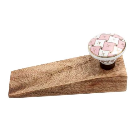 Pink and White Golden Checkerboard Ceramic Wooden Door Stopper